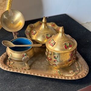 Vintage Brass Spice Set with Floral Design